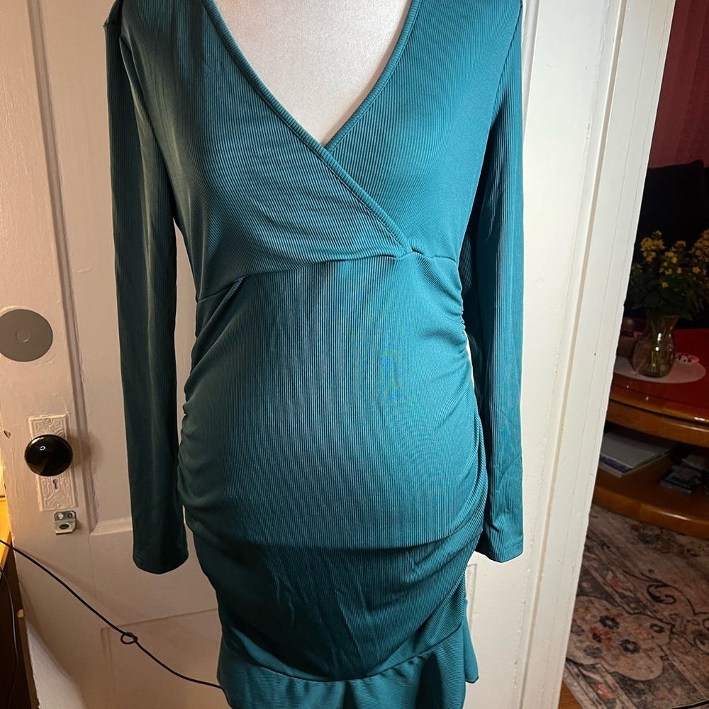 SHEIN Teal Long Sleeve Wrap Dress